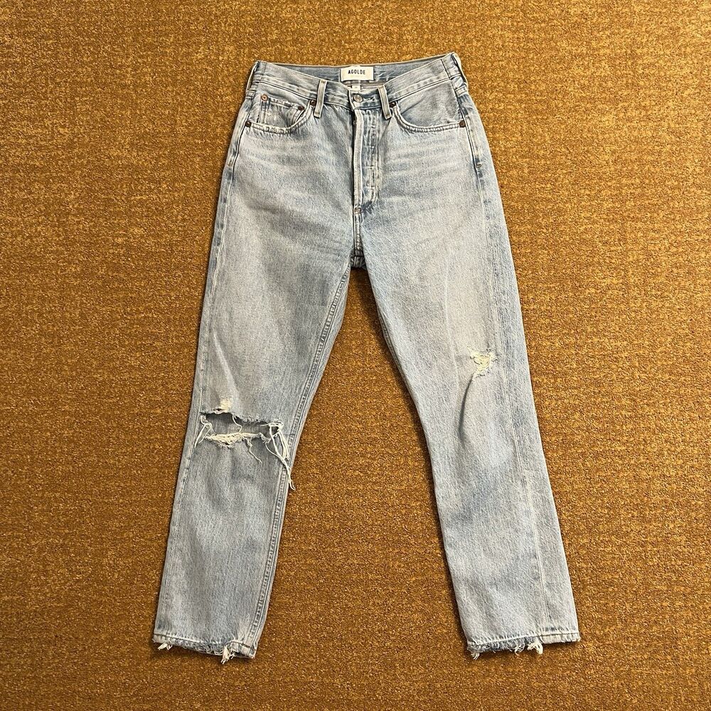 AGOLDE Riley High Rise Straight Crop Jeans Womens 26 Light Wash Ripped Knee USA